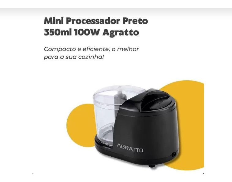 Mini Processador de Alimentos 5 em 1 Elétrico 350 ml 2 Lâminas Preto Agratto Ampr01i-01