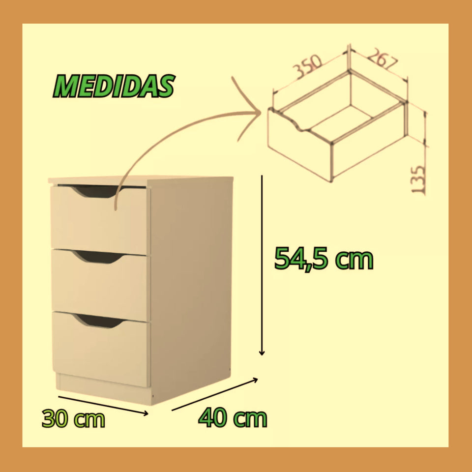 Gaveteiro Criado Mudo 3 Gavetas Decor Sala Escritorio Multivisão MDP branco