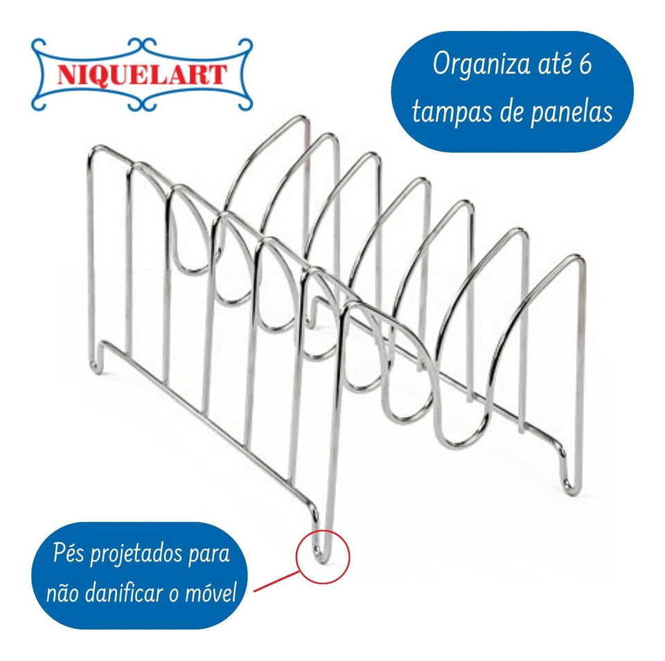 Suporte Organizador De Tampas Cozinha 6 Divisórias Niquelart Cor Aço cromado