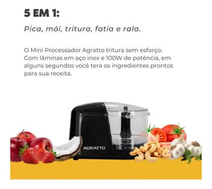Mini Processador de Alimentos 5 em 1 Elétrico 350 ml 2 Lâminas Preto Agratto Ampr01i-01