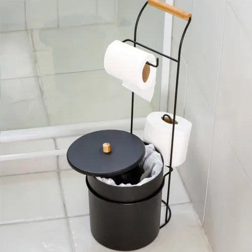 Suporte Papel Higiênico Chão Lixeira Aramado Preto Arthi