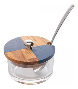 Acucareiro De Vidro Com Tampa De Teca Cheschire 9c Azul-aço