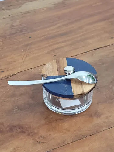 Acucareiro De Vidro Com Tampa De Teca Cheschire 9c Azul-aço